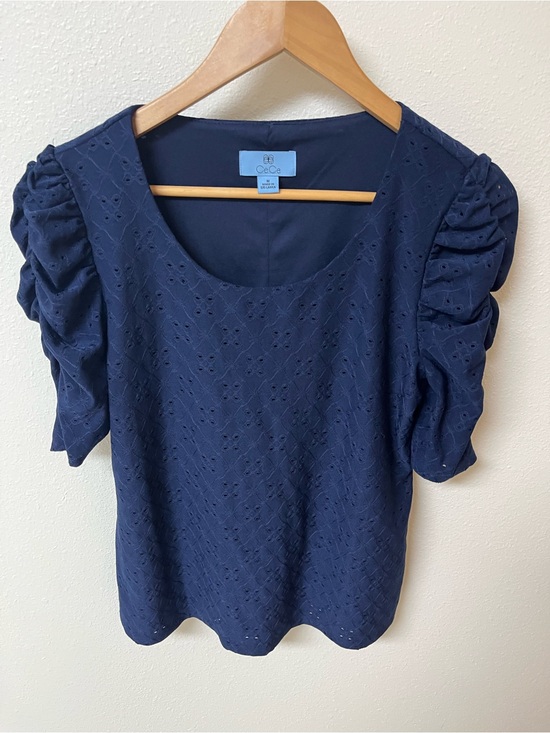 CeCe Tops - CeCe Navy Eyelet Scoop Neck Puff Sleeve Top